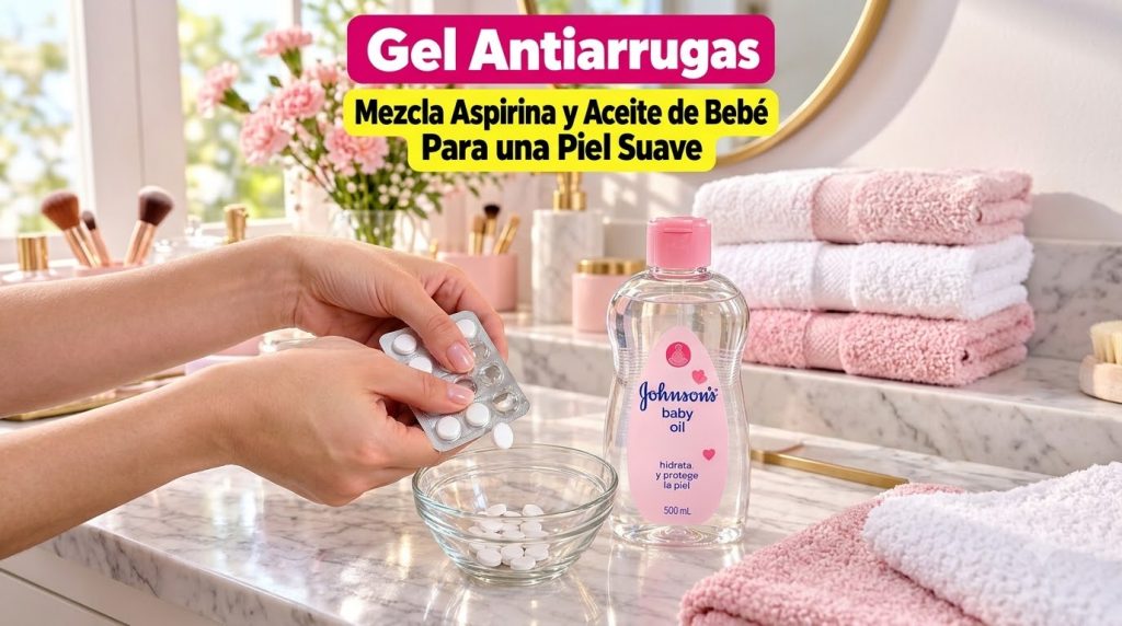 Hands dispensing aspirin pills from a blister pack into a small glass bowl with a bottle of Johnson s baby oil nearby on