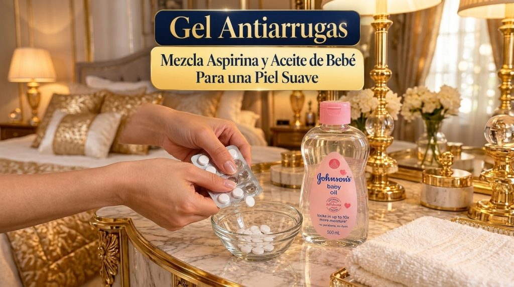 Una mujer triturando pastillas de aspirina en un tazón de vidrio pequeño junto a una botella de aceite de bebé en un amb