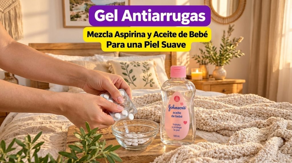 Hands extracting aspirin tablets into a glass bowl next to a bottle of Johnson s baby oil on a rustic wooden surface wit