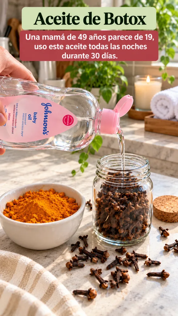 A hand pouring Johnson s baby oil into a glass jar filled with cloves with a bowl of turmeric powder nearby on a marble 