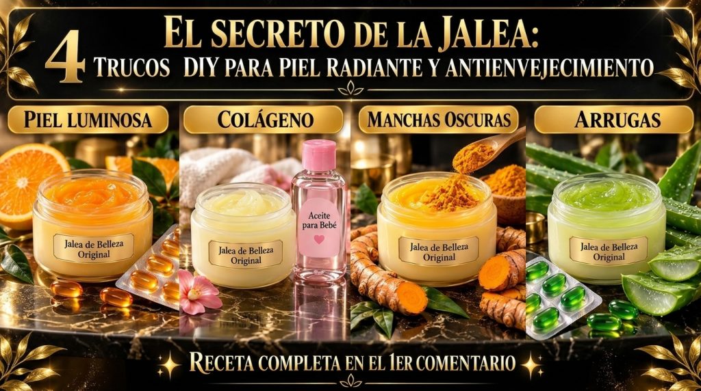 Infografía con 4 secciones de tratamientos de belleza DIY mostrando una jarra de jalea de belleza original con ingredien