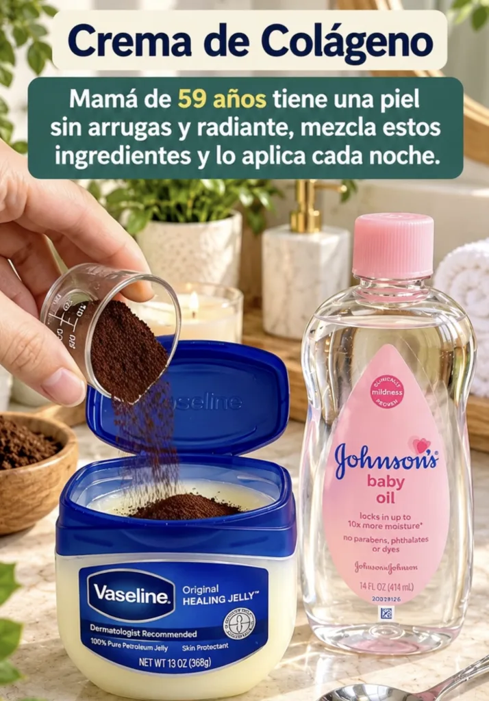A hand pouring dark finely ground coffee powder into a jar of Vaseline Original Healing Jelly with a bottle of Johnson s