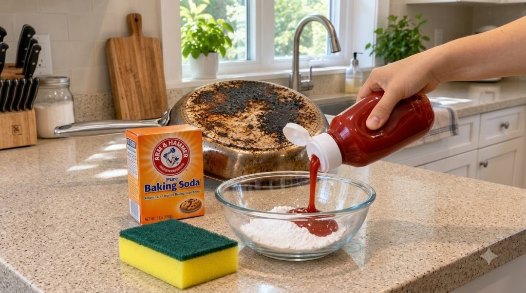 A person s hand squeezing ketchup into a bowl with baking soda with a badly burnt stainless steel pan in the background 