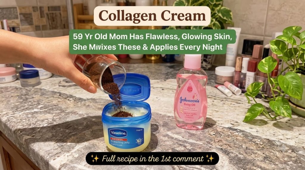 A hand pouring instant coffee grounds into a jar of Vaseline Original Protecting Jelly