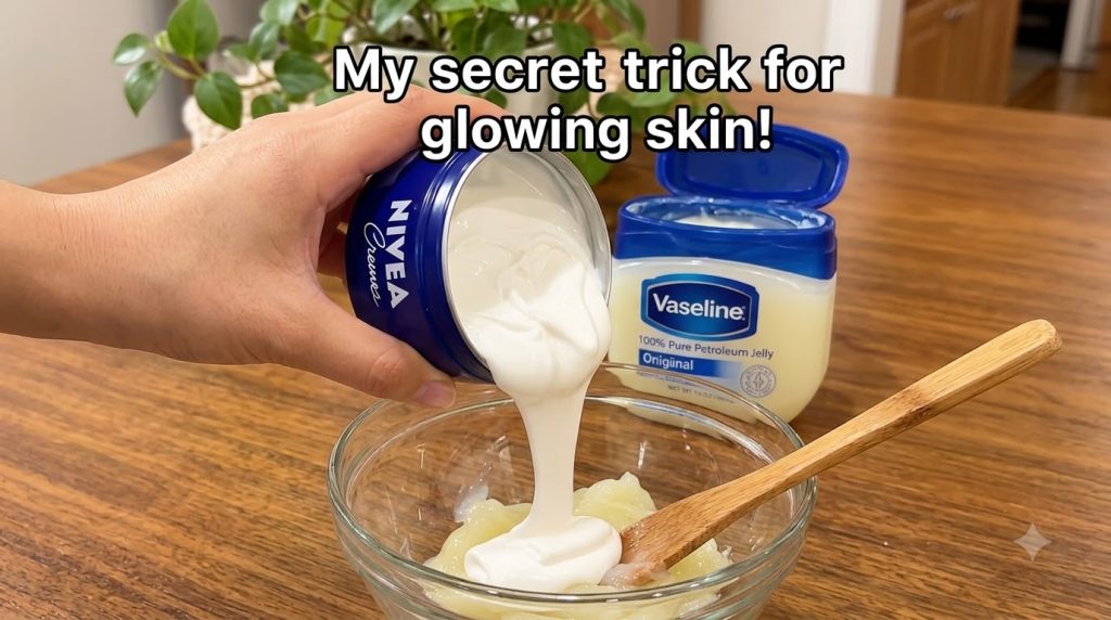 A hand pouring white Nivea Creme from its blue jar into a clear glass bowl containing yellowish Vaseline with a wooden s