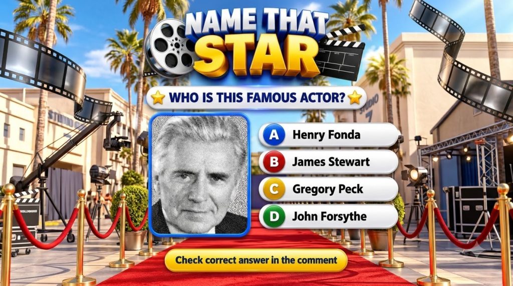 A Name That Star movie trivia game interface with a central black and white portrait of John Forsythe in a blue frame Th