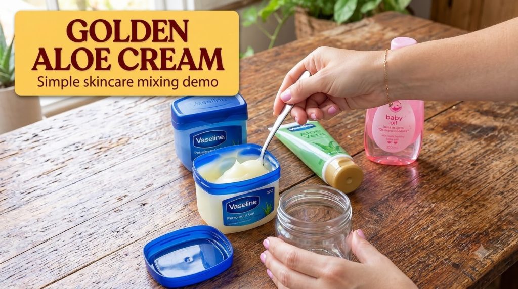 A close-up overhead view of a DIY skincare preparation scene on a wooden table A hand is poised with a spoon in an open