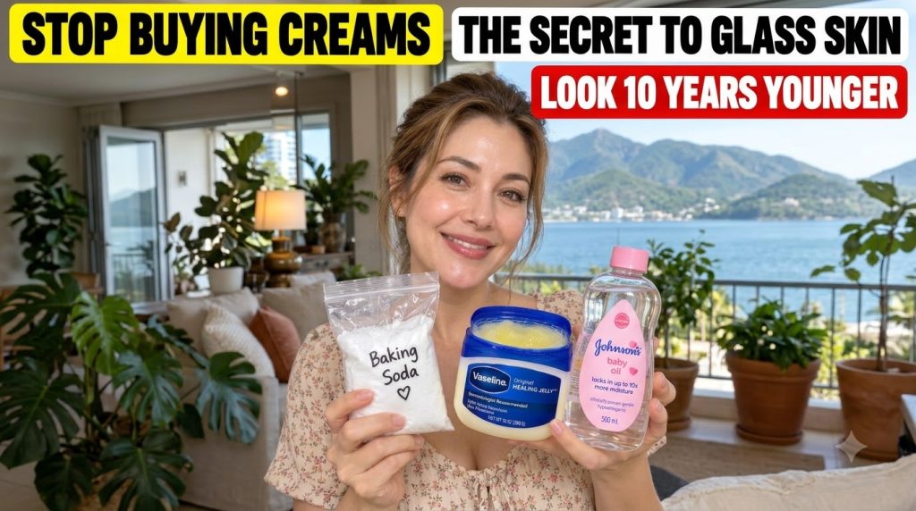 A smiling woman holds a bag of baking soda a tub of Vaseline and a bottle of baby oil with overlaid text like STOP BUYIN