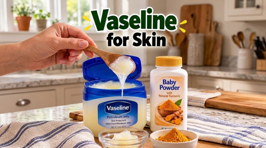 A hand holding a wooden spoon extracting petroleum jelly from a large Vaseline tub with a bottle of turmeric baby powder