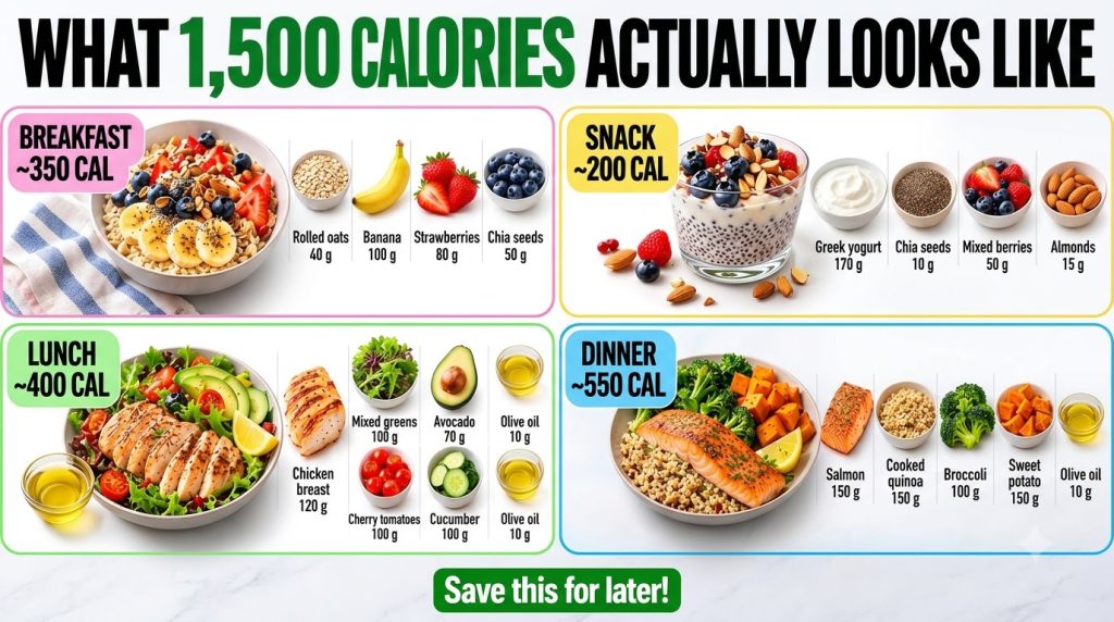 An infographic displaying a balanced 1500-calorie daily meal plan showing breakfast lunch snack and dinner with ingredie