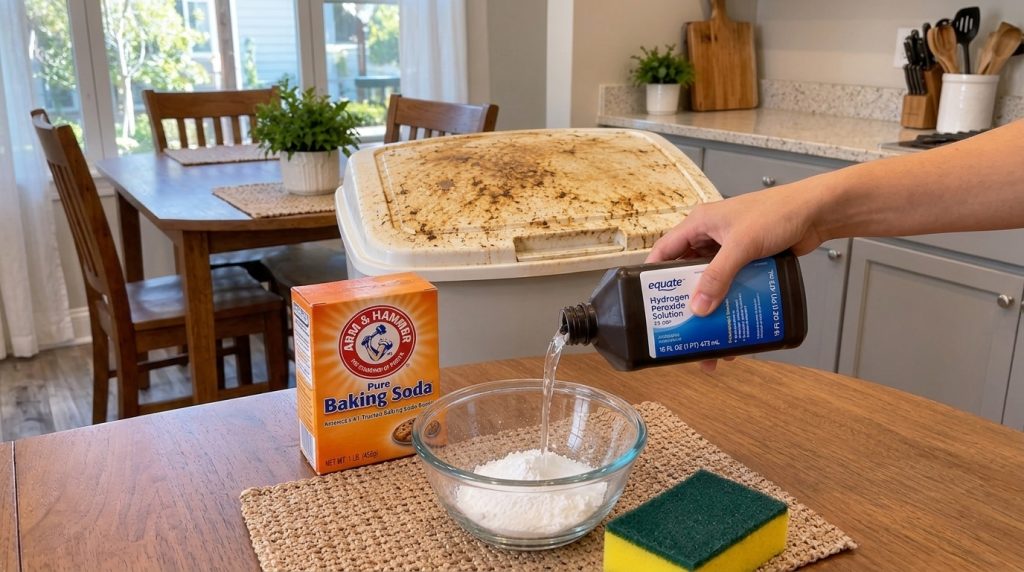 Close-up of a hand pouring hydrogen peroxide into a glass bowl containing baking soda on a woven mat A box of Arm Hammer