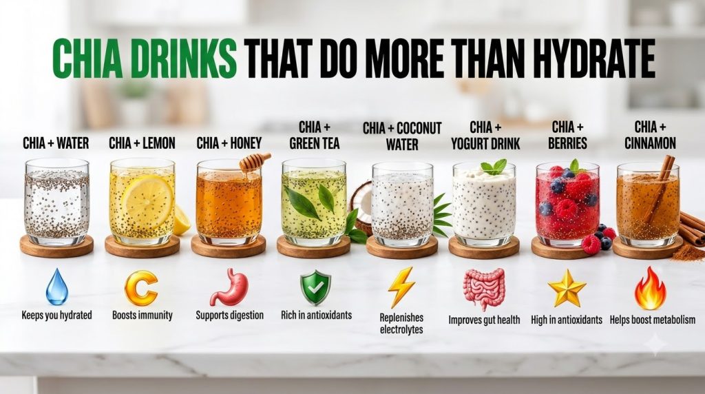 An infographic displaying eight different chia seed drinks each with a specific health benefit icon and descriptive text