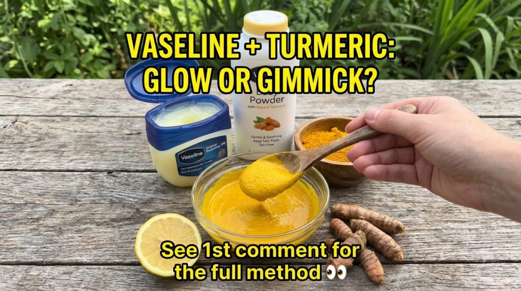 A flat lay of petroleum jelly baby powder a bowl with turmeric and Vaseline paste being mixed with a wooden spoon a lemo