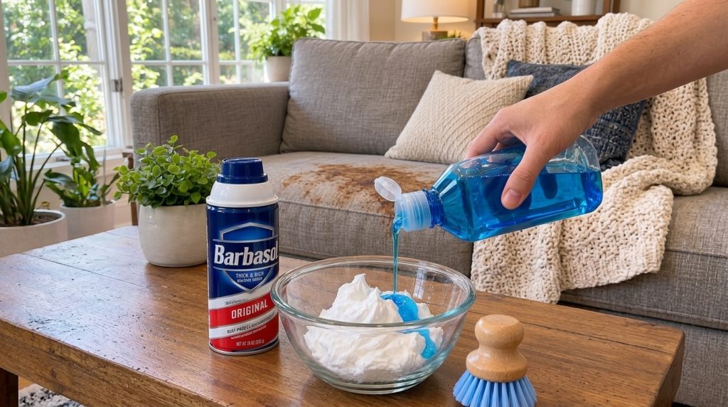 A hand pouring blue dish soap into a bowl of white shaving cream on a wooden coffee table with a Barbasol can and scrub