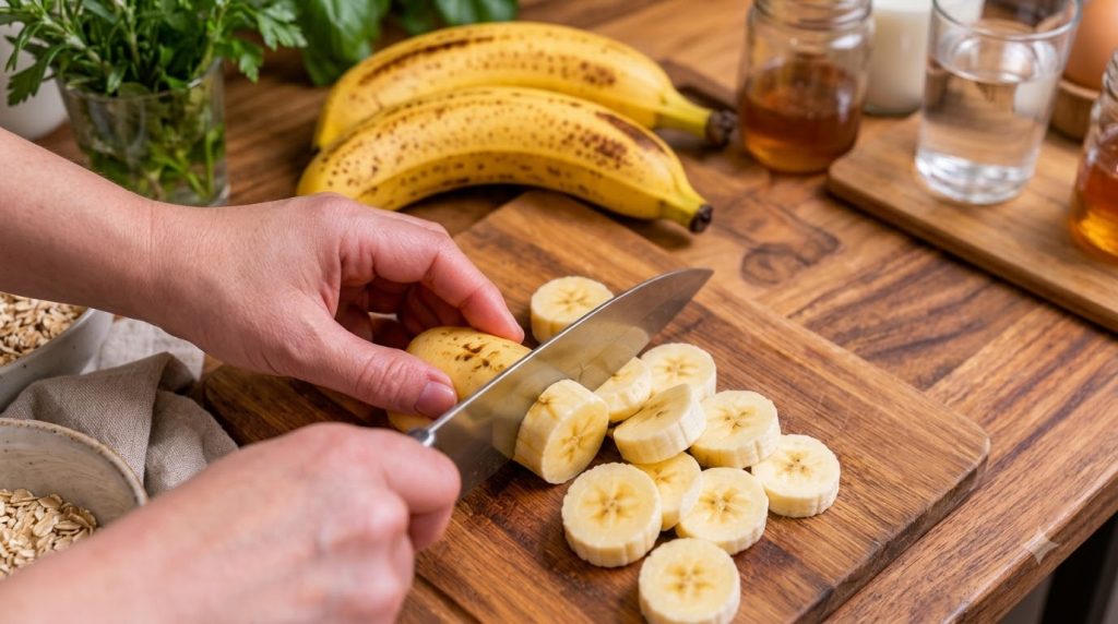 A close-up shot of a creamy banana and chocolate dessert in a glass jar garnished with fresh banana slices and chocolate
