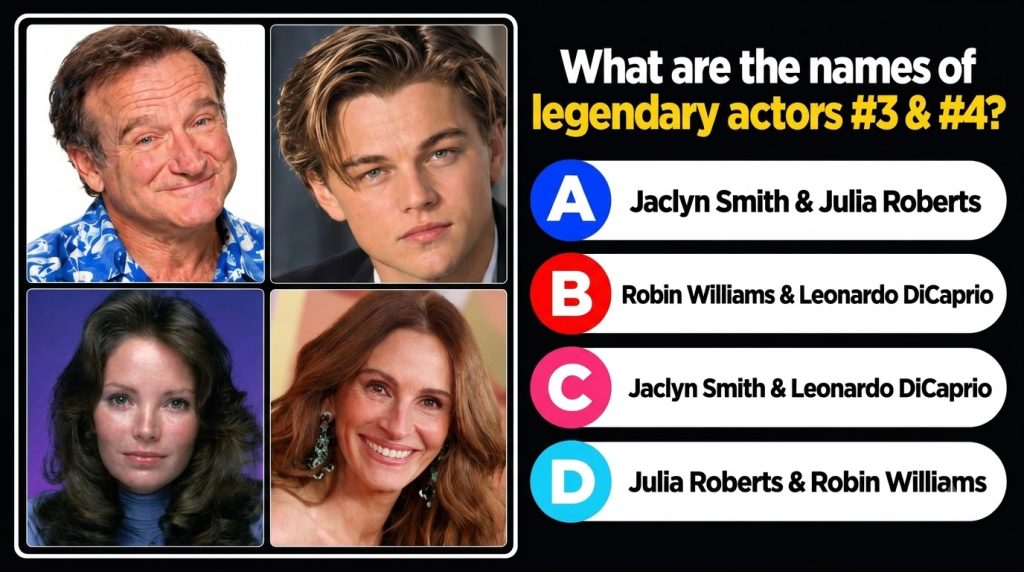 A quiz-style social media graphic with four celebrity portraits in a 2x2 grid Top-left is Robin Williams top-right is Le
