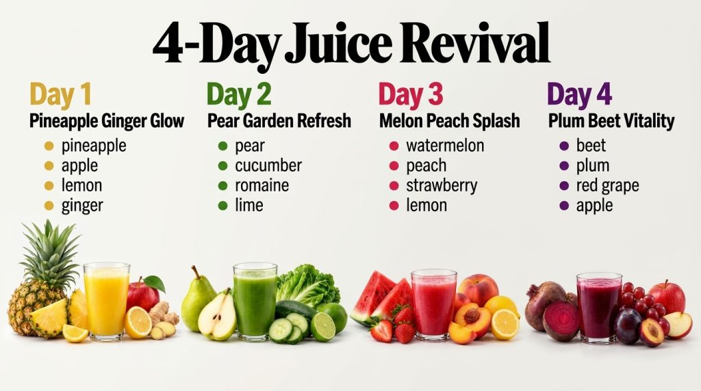An infographic showcasing a 4-Day Juice Revival plan with four rows each representing a day Each row displays a glass of