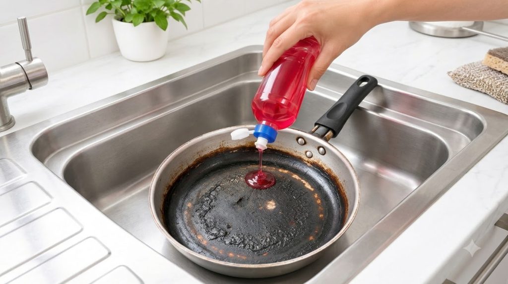 A hand pouring red dish soap into a heavily burnt and soiled frying pan in a stainless steel sink with a green plant in