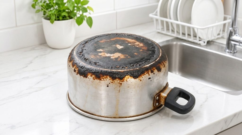 A severely burnt metal saucepan placed upside down on a pristine white marble kitchen countertop highlighting its charre