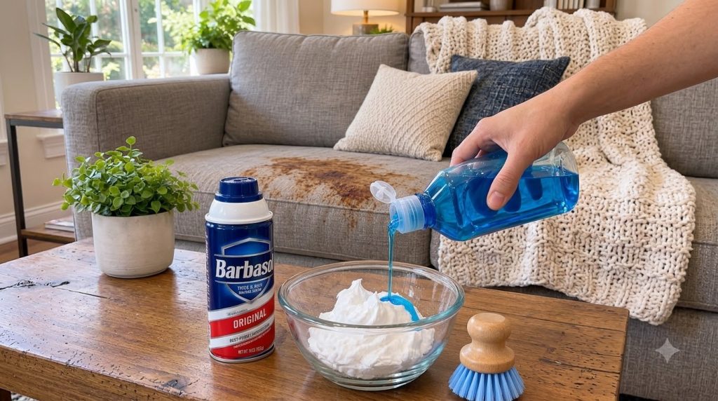 A hand pouring blue dish soap into a bowl of white shaving cream with a small scrub brush and a can of shaving cream on