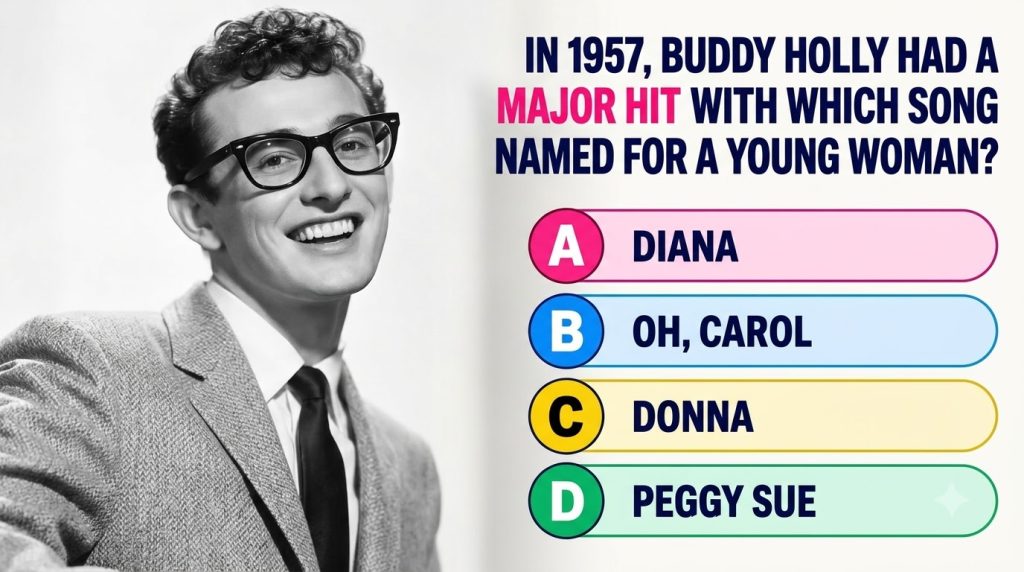 A black and white portrait of a smiling Buddy Holly wearing glasses a suit jacket and a tie presented in the style of an