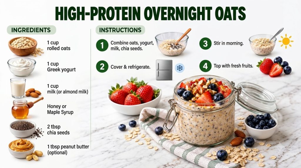 An infographic showing ingredients and step-by-step instructions for high-protein overnight oats next to a glass jar fil
