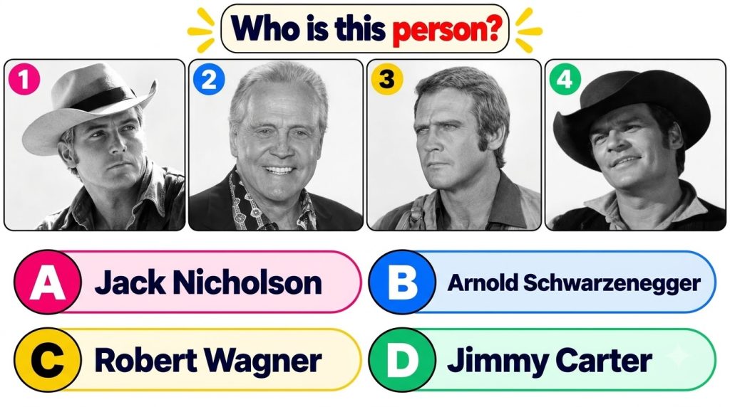 A black and white headshot of a classic Hollywood actor smiling charmingly as part of a four-option multiple-choice quiz