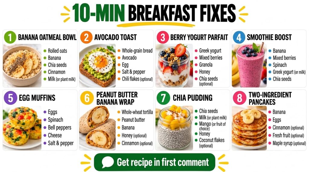 A bright grid layout showcasing eight distinct healthy breakfast recipes including oatmeal bowls egg dishes and pancakes