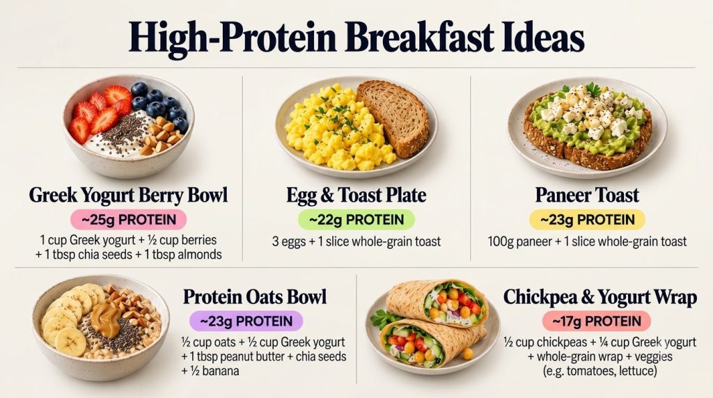 An infographic showing five high-protein breakfast ideas Greek Yogurt Berry Bowl Egg Toast Plate Paneer Toast Protein Oa