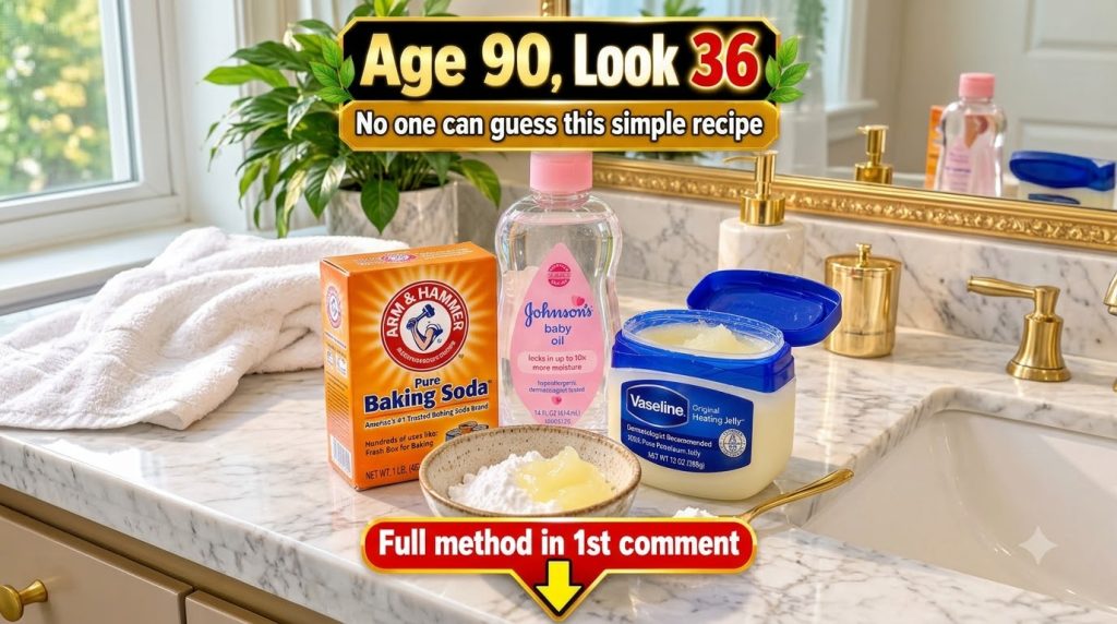A flat lay composition on a marble counter featuring Pure Baking Soda Baby Oil and Original Healing Jelly A small cerami