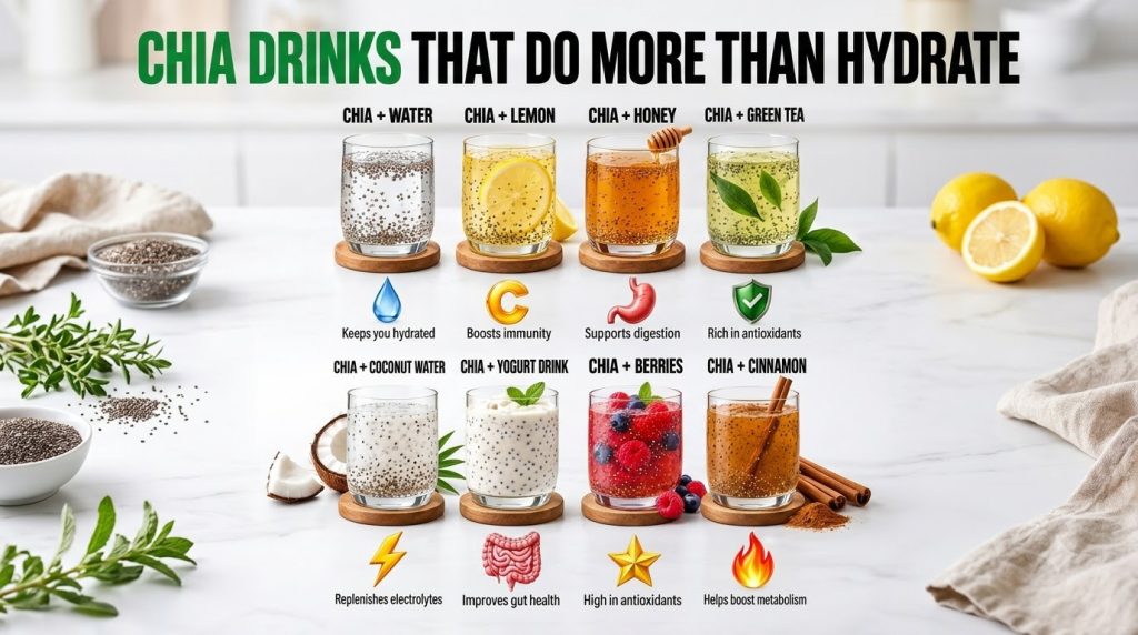 An infographic showing 8 different chia seed drinks each with unique ingredient pairings like lemon berries honey and ci