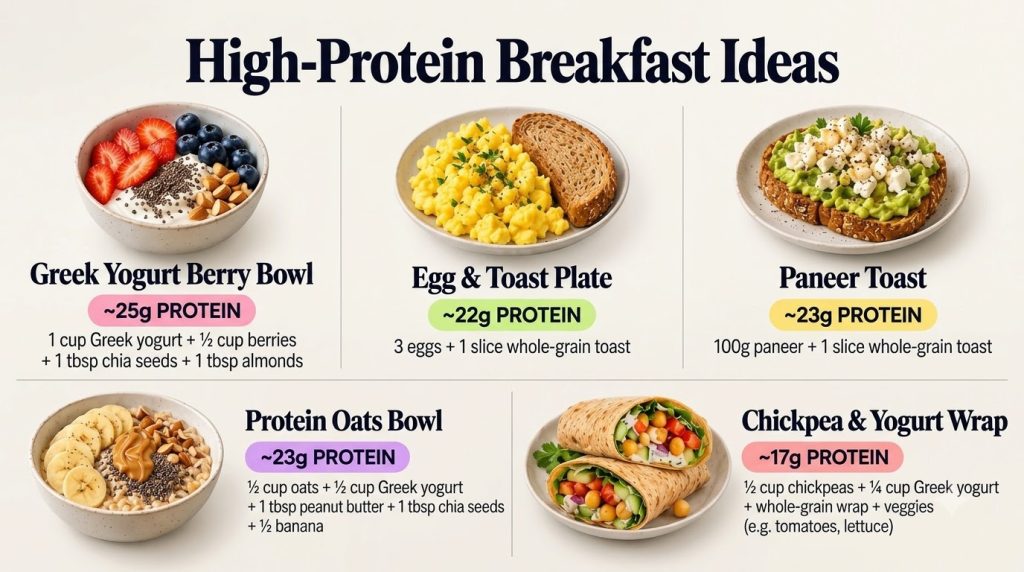 An infographic-style presentation of five diverse high-protein breakfast ideas Greek yogurt bowl scrambled eggs with toa