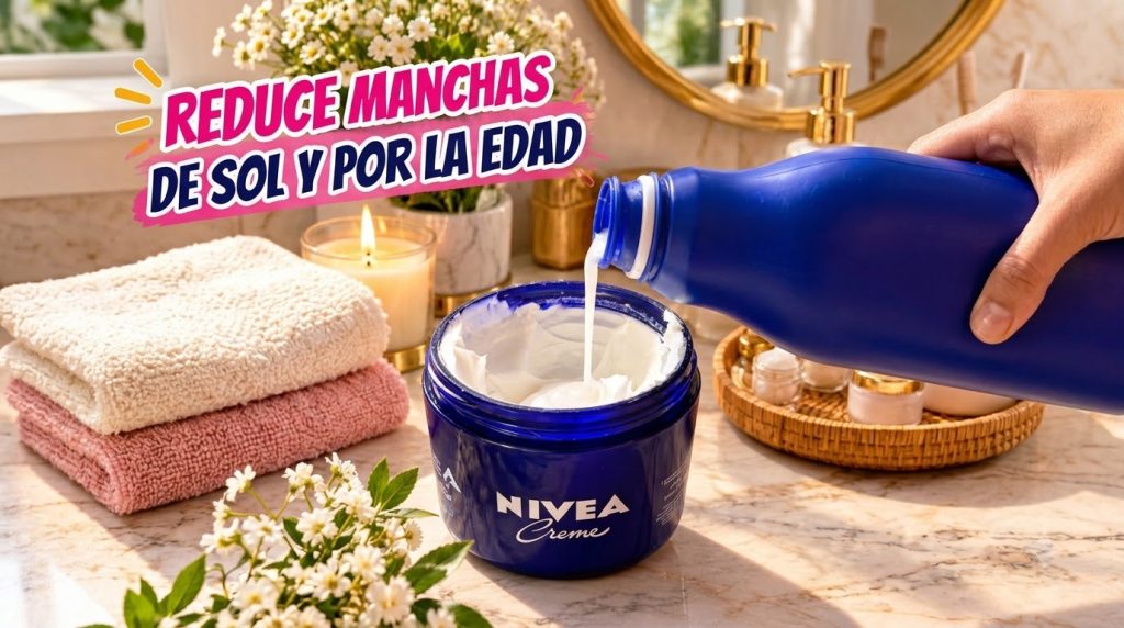 Un tarro de Nivea Creme en un mostrador de mármol con una botella azul virtiendo crema blanca en él y elementos de spa e
