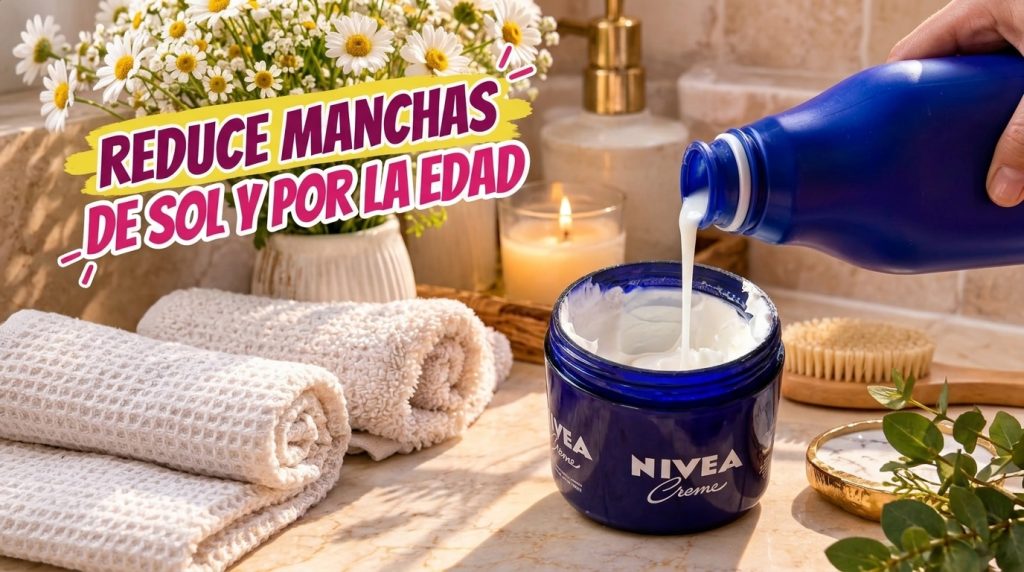 A Nivea Creme jar being filled with a white creamy liquid from a blue bottle with white daisy flowers a lit candle and a