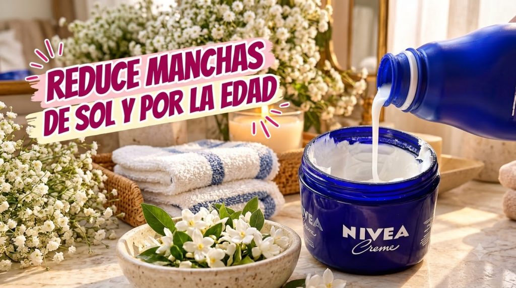 A Nivea Creme jar being filled with a creamy white liquid from a blue bottle surrounded by self-care items like a flicke
