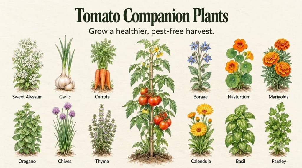A central vibrant illustration of a staked tomato plant laden with ripe red tomatoes surrounded by 12 smaller botanical 