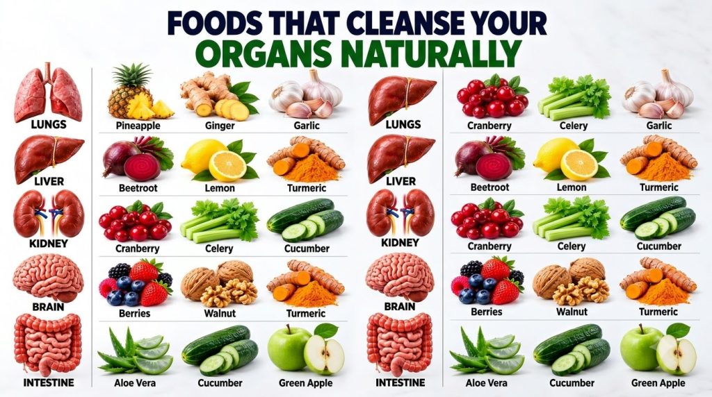 An infographic showing various human organs like lungs liver kidneys brain and intestines on one side with natural foods