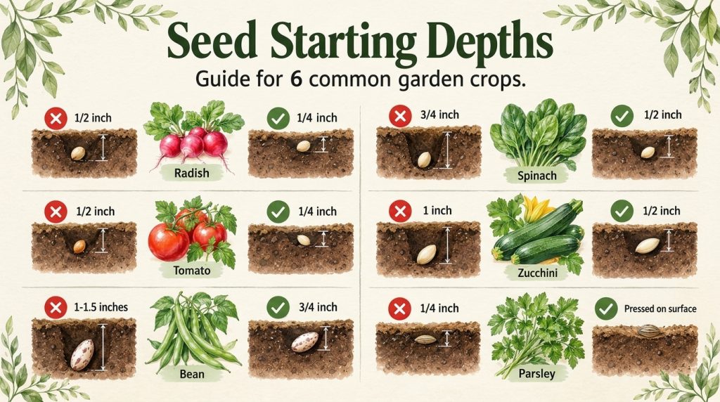 An infographic illustrating the correct and incorrect planting depths for various garden seeds tomato lettuce carrot rad