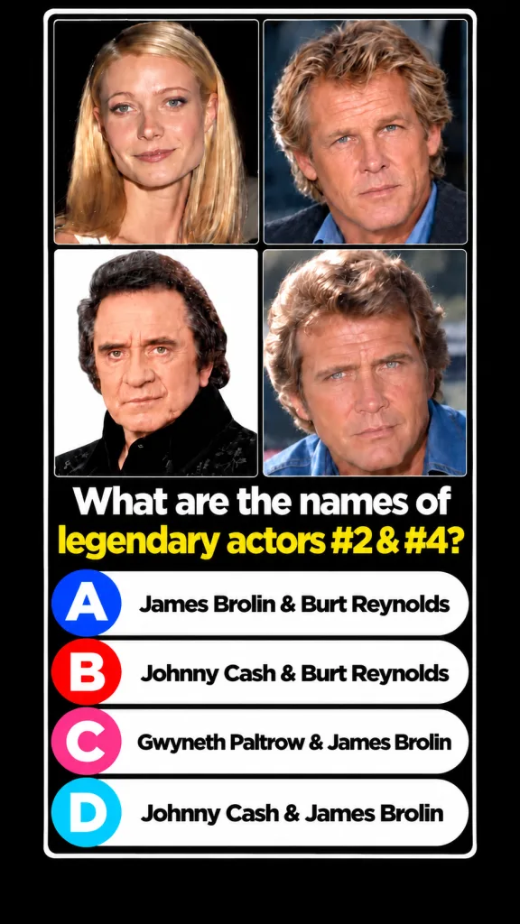 A quiz image showing a 2x2 grid of four celebrity portraits Gwyneth Paltrow top left James Brolin top right Johnny Cash 