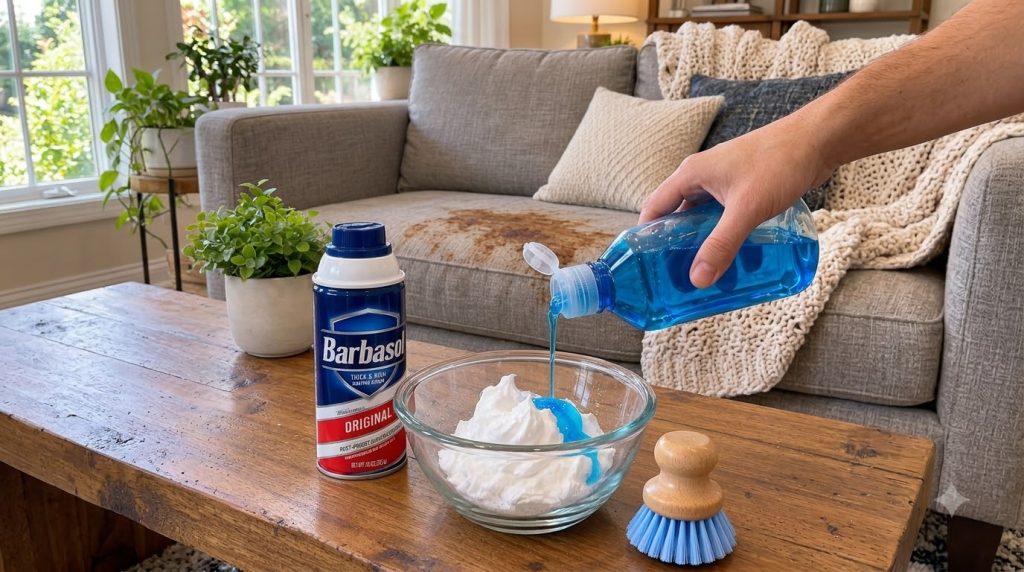 A hand pouring blue dish soap into a bowl of white shaving cream with a can of Barbasol nearby and a small scrub brush a