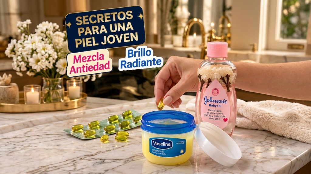 A hand is placing a vitamin E capsule into a jar of Vaseline Next to it there s a bottle of Johnson s Baby Oil infused w