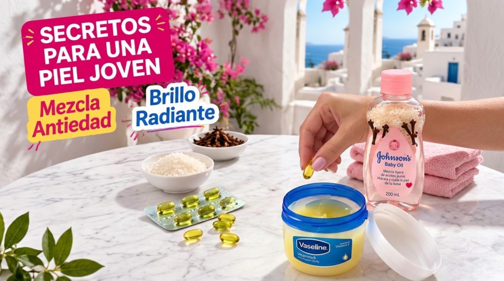 A hand dropping a vitamin E capsule into a jar of Vaseline surrounded by other ingredients like baby oil rice and cloves