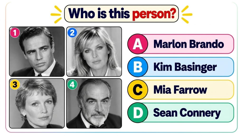 A black and white multiple-choice quiz image featuring four iconic Hollywood actors Marlon Brando Kim Basinger Mia Farro