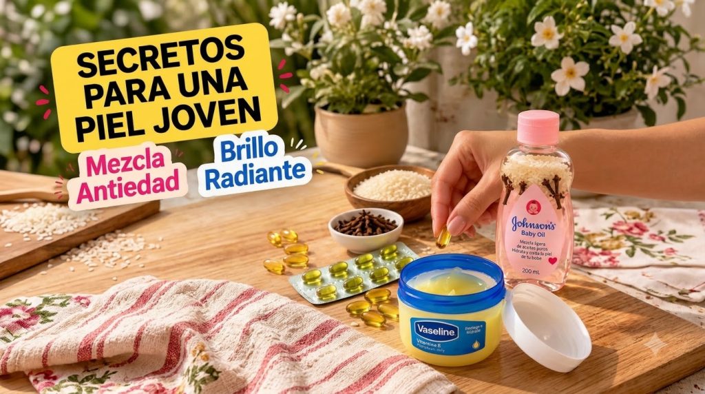 Una mano sostiene una cápsula de vitamina E sobre un frasco abierto de vaselina junto a una botella de aceite de bebé co
