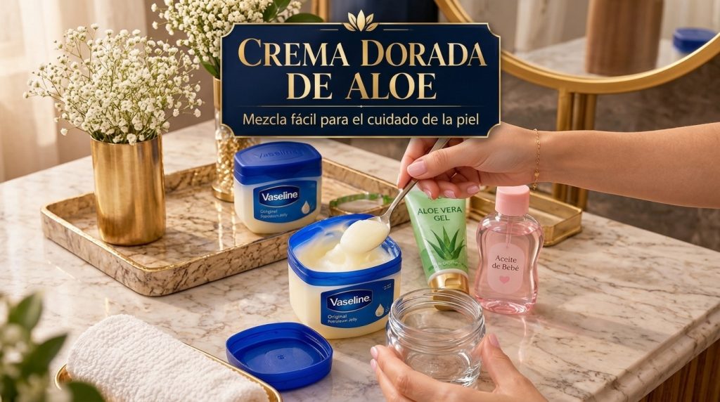 Hands mixing Vaseline aloe vera and baby oil in a glass jar on a marble surface