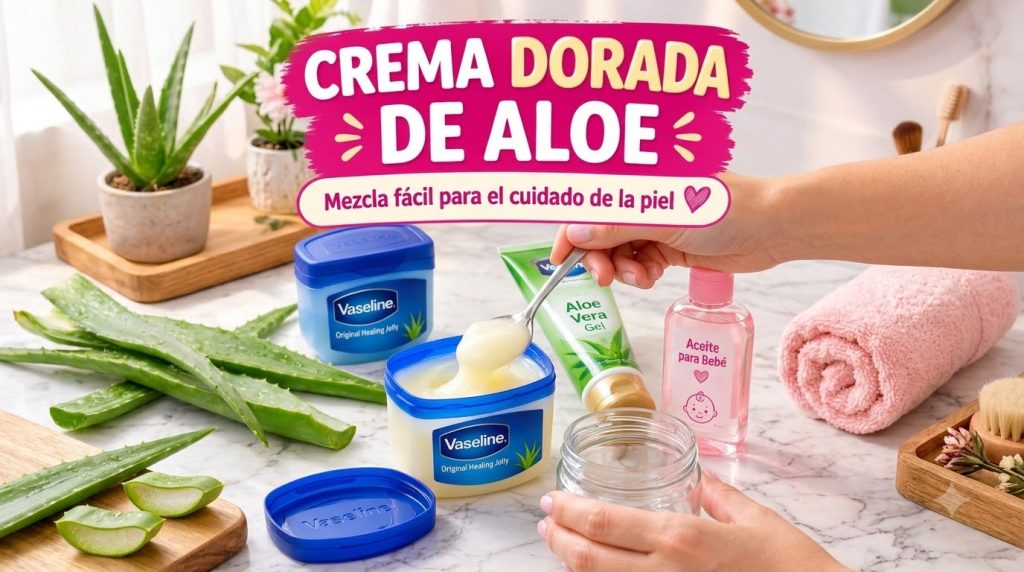 Hands preparing a DIY skincare mixture with Vaseline aloe vera gel baby oil and fresh aloe leaves on a marble surface
