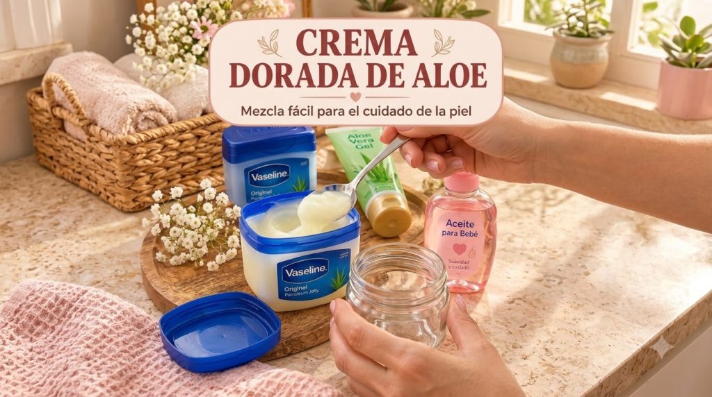 Hands preparing a homemade skin cream with Vaseline aloe vera gel and baby oil mixing ingredients in a glass jar