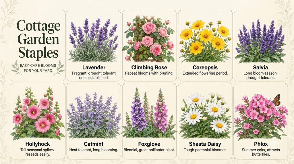 A grid of nine digital illustrations of cottage garden flowers each with its common name and a short description featuri