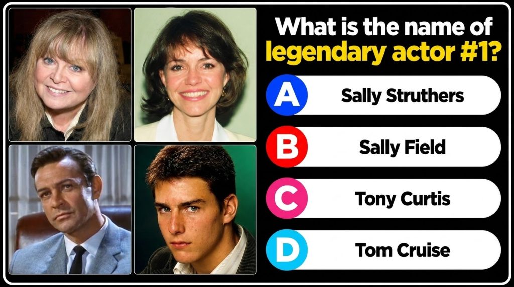 A vertical quiz poster featuring four celebrity portraits in a 2x2 grid Sally Struthers top left 1 Sally Field top right