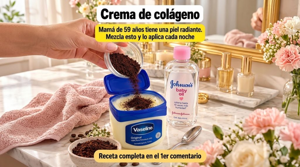 A hand pouring coffee grounds into an open jar of Vaseline with a bottle of baby oil nearby on a marble surface